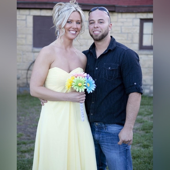 David's Bridal Canary Yellow Strapless Midi Dress - Picture 2 of 16